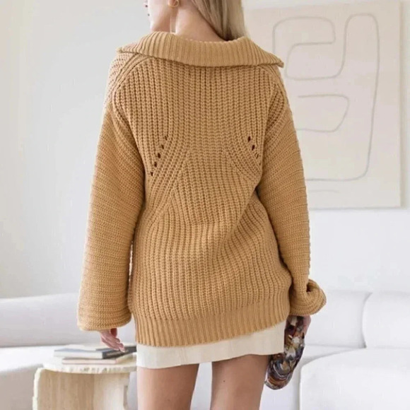Knit Collar V-Neck Long Sleeve Sweater Tan Taupe - Picture 3 of 6